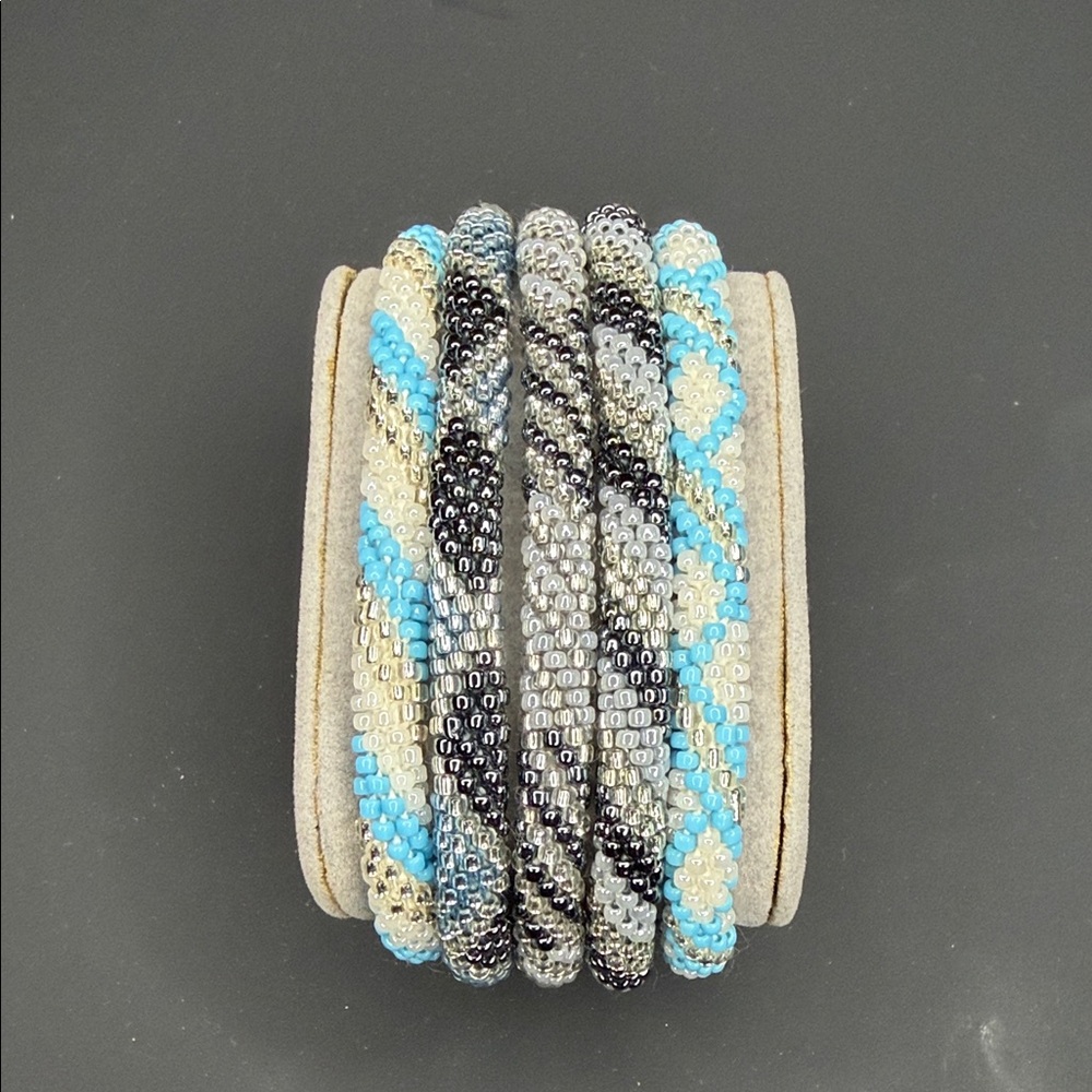 Sashka Co. Set of 5 Elegant Hand Beaded Bracelet Set - Blue, Black, Silver